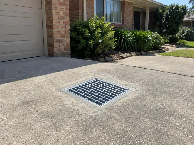 Outdoor drain grate in a concrete driveway beside a brick house and garden in Carramar