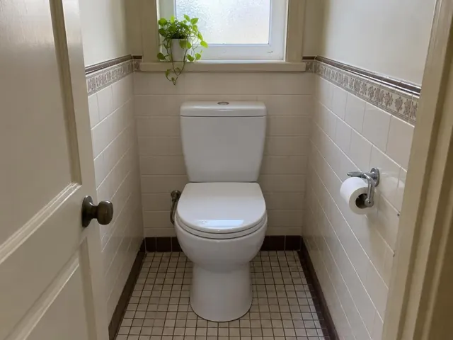 Clean white toilet in a tiled bathroom with a window and toilet roll holder in Cabramatta