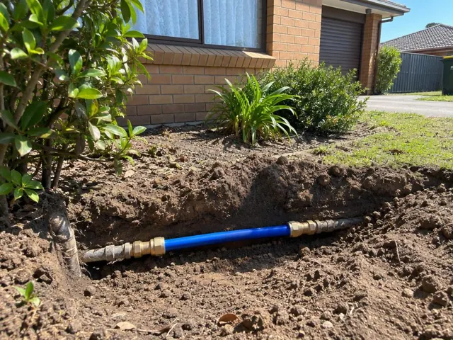 Exposed blue repaired water pipe in a garden trench beside a brick house in Canley Heights